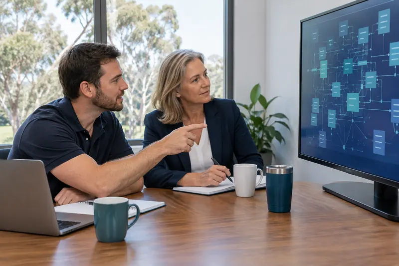 A technology consultant pointing to a network diagram on a screen while a business owner takes notes