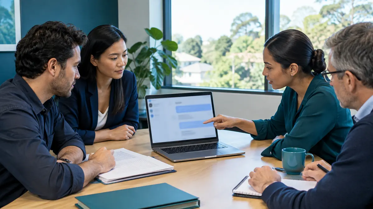 A small team around a laptop trying out an AI assistant on business documents