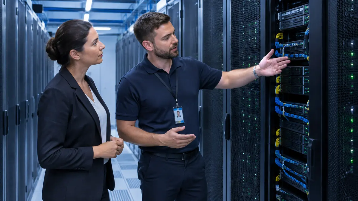 A hosting engineer showing a business owner the servers in a data centre aisle