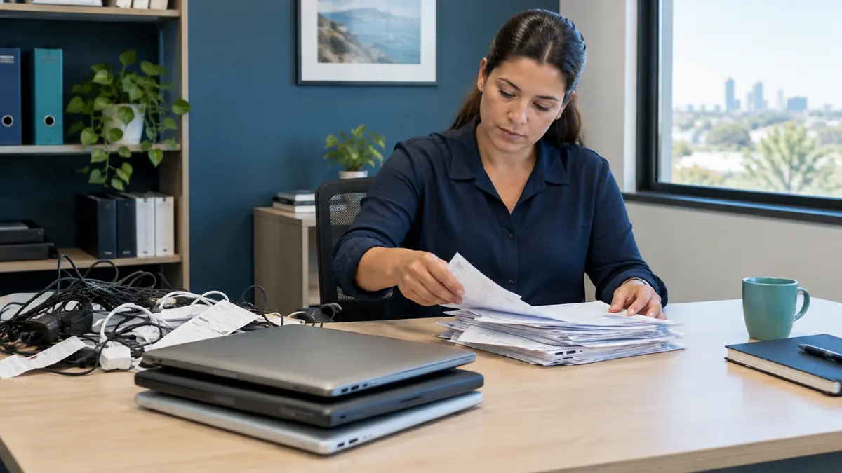An IT manager sorting a pile of supplier invoices beside a stack of laptops and tangled cables