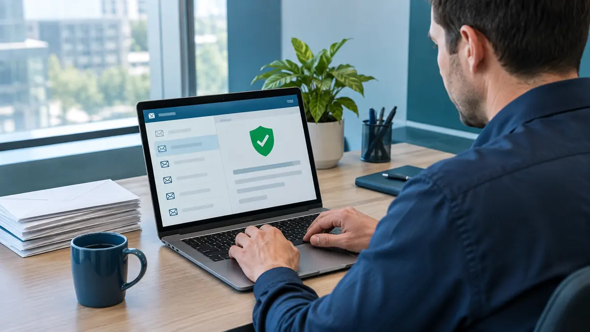 An IT administrator checking email security settings on a laptop, with a verified shield on screen
