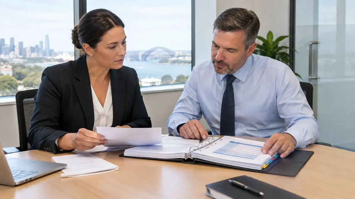 An information security manager and an auditor reviewing a binder of policies and a risk register
