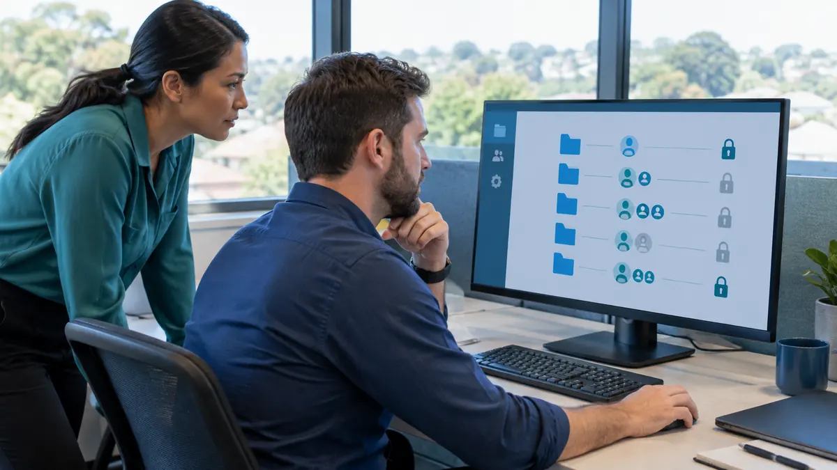 Two staff reviewing folder sharing permissions on a large monitor
