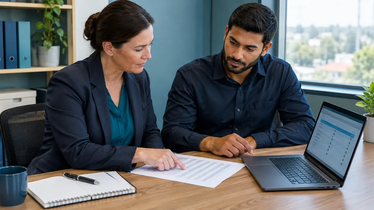 An office manager and an IT adviser checking a printed list of domain renewal dates beside a laptop
