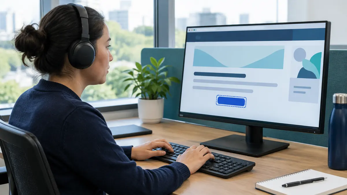 A web developer wearing headphones testing a website with a screen reader and keyboard